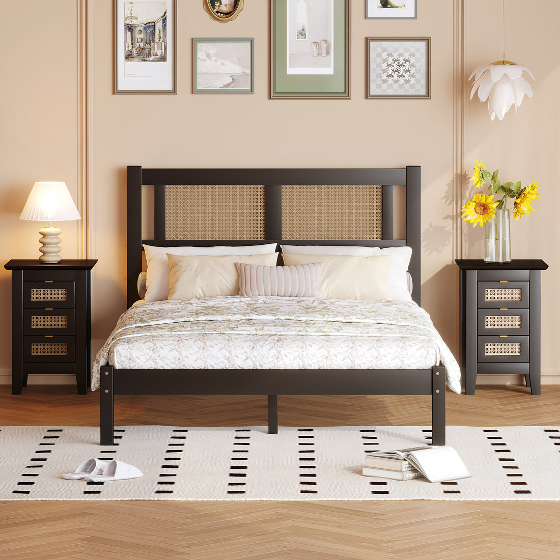 3 Pieces Bedroom Sets Full Size Wooden Platform Bed With Natural Rattan Headboard, Nightstands Set Of 2 With Rattan Woven Surfaces And Three Drawers For Bedroom, Black Black Particle Board