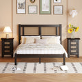 3 Pieces Bedroom Sets Full Size Wooden Platform Bed With Natural Rattan Headboard, Nightstands Set Of 2 With Rattan Woven Surfaces And Three Drawers For Bedroom, Black Black Particle Board