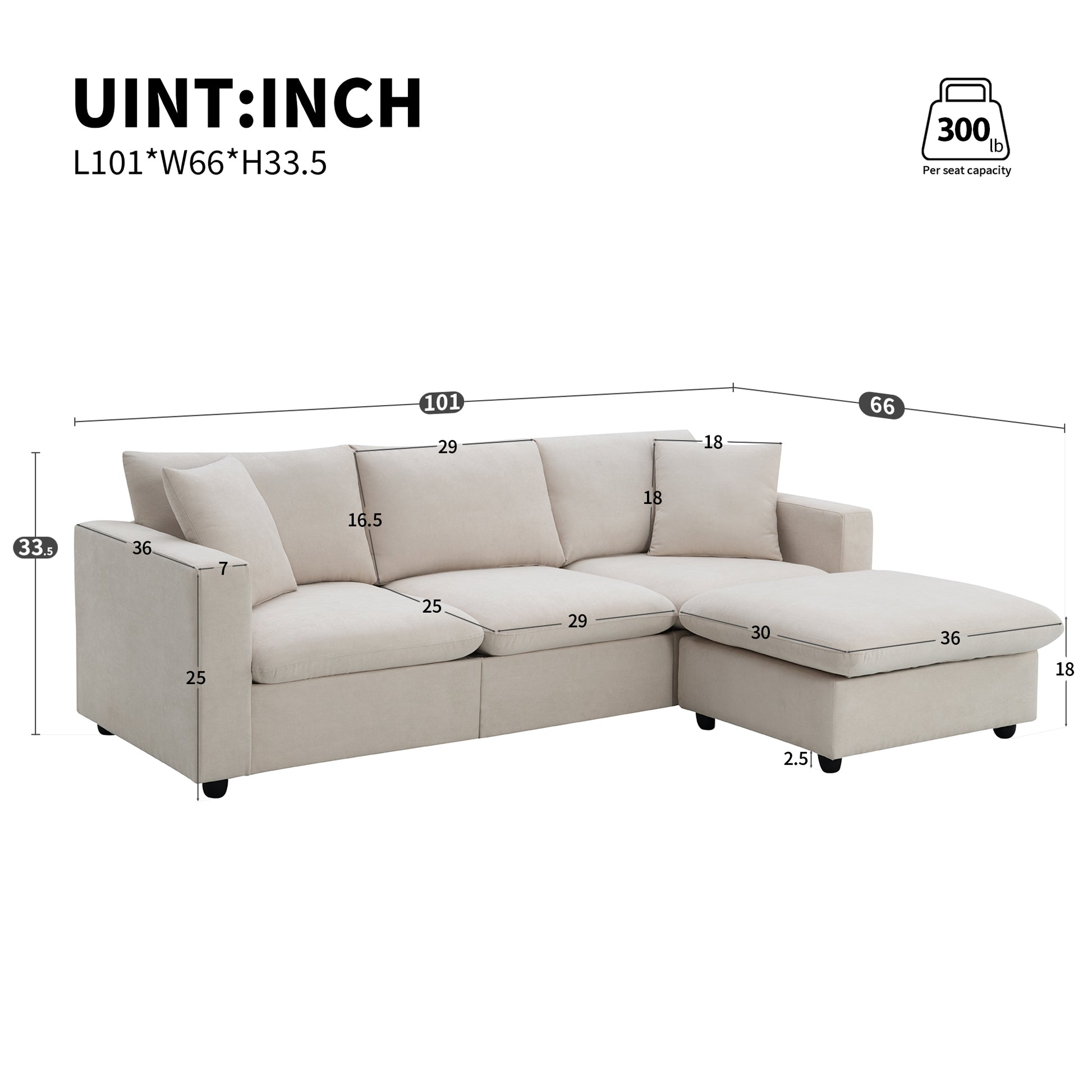 100.4*64.6" Modern Sectional Sofa,L Shaped Couch Set With 2 Free Pillows,4 Seat Polyester Fabric Couch Set With Convertible Ottoman For Living Room, Apartment, Office,4 Colors Beige Polyester 3 Seat