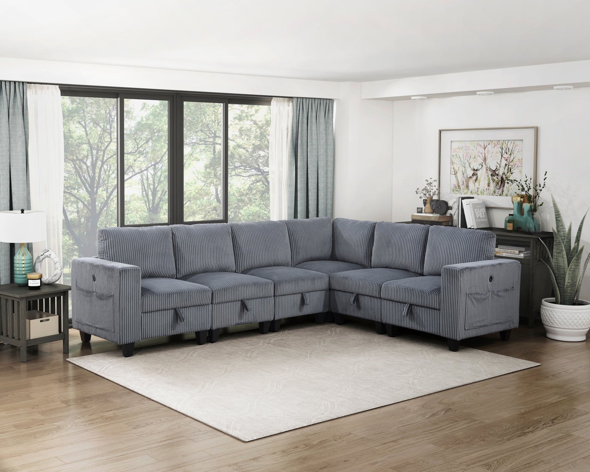 Modern Living Room Furniture Dark Gray Corner Seat With Storage Corduroy Fabric Upholstery 1Pc Modular Piece Dark Gray Primary Living Space Contemporary,Modern Solid Wood