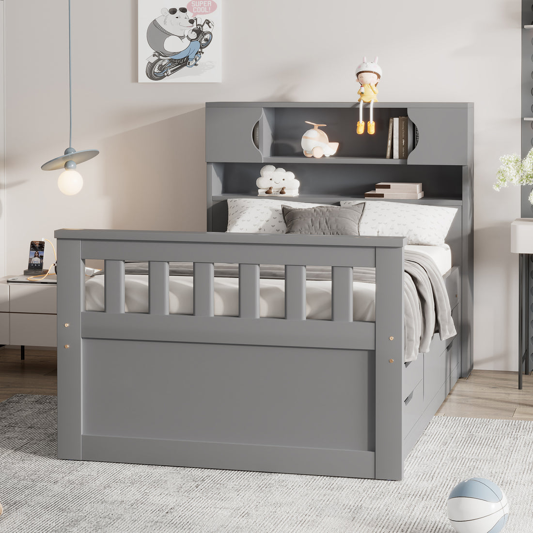 Twin Size Captain Platform Bed Frame With Storage Bookcases And Shelves,Four Drawers, Gray Twin Gray Solid Wood Mdf