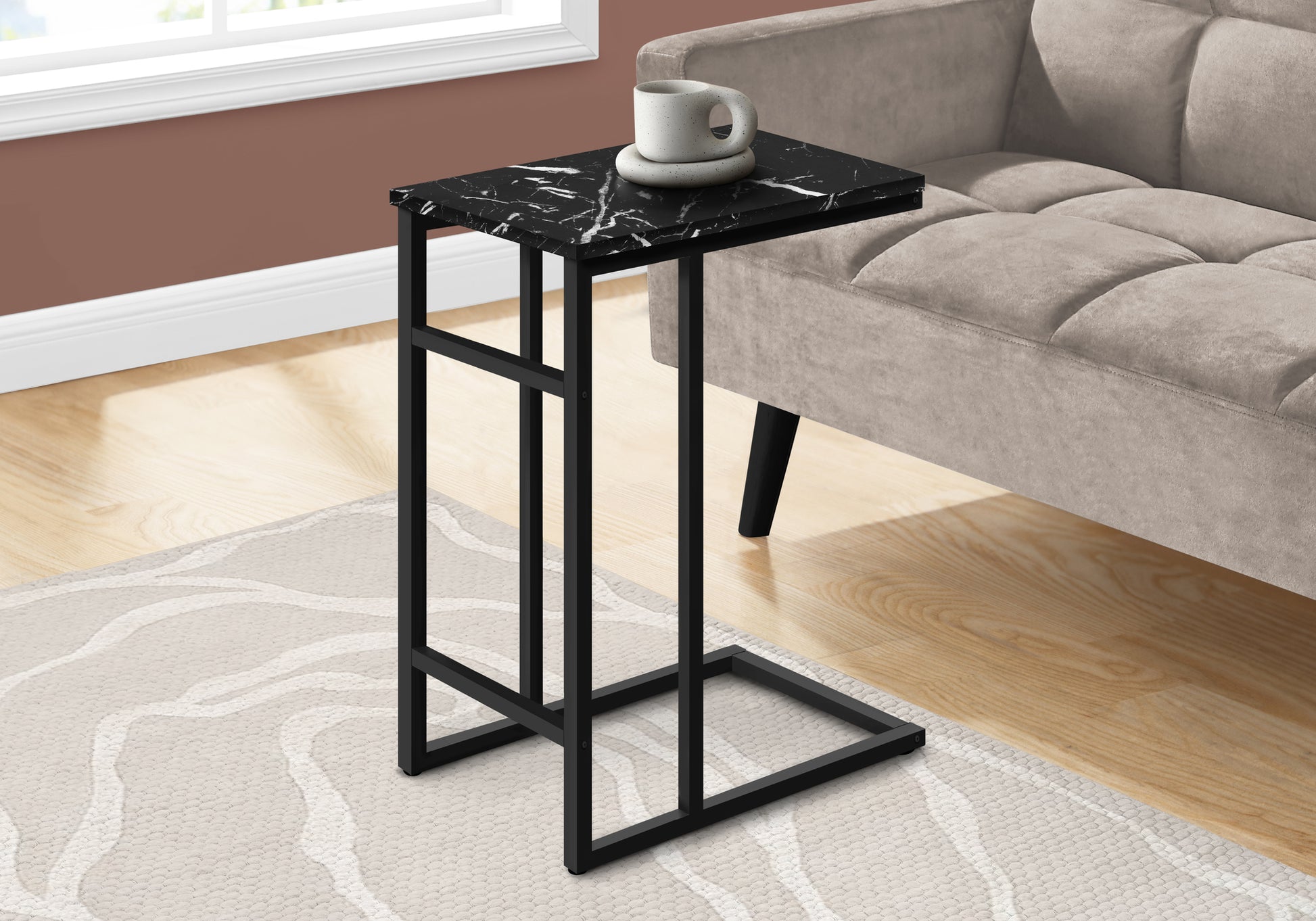 Accent Table, C Shaped, End, Side, Snack, Living Room, Bedroom, Black Marble Look Laminate, Black Metal, Contemporary, Modern Black Particle Board