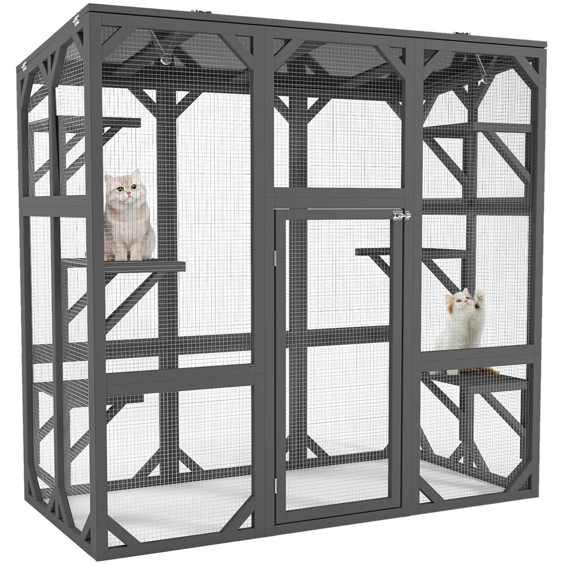 Catio Outdoor Cat Enclosure Cat House Wooden Cat Cage Large Feral Cat Shelter For Mulitiple Cats With Six Platforms, Large Enter Door, Waterproof Roof 60" Grey Gray Pet Barrier Wood