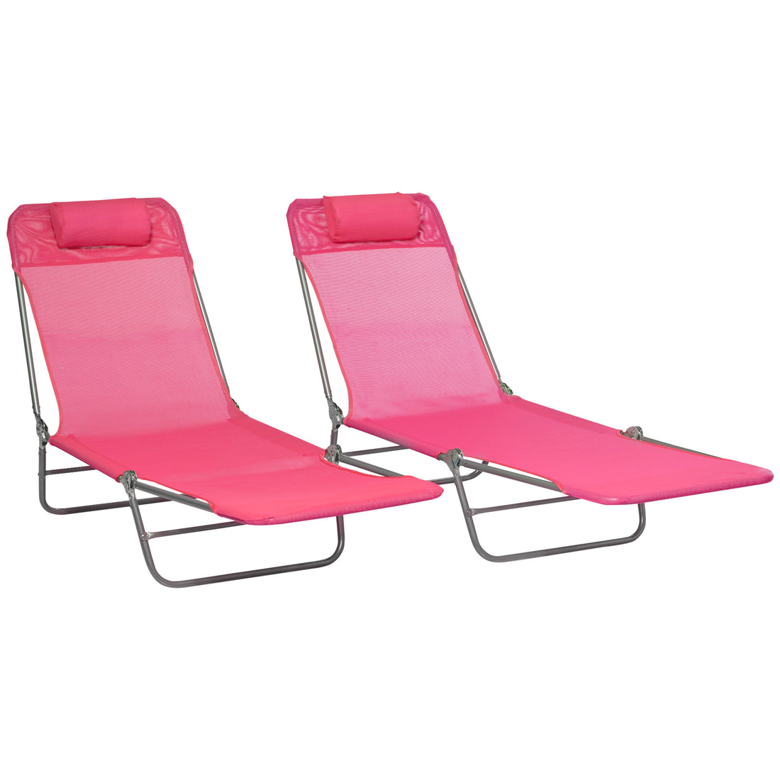 Outsunny 2 Piece Folding Chaise Lounge Chairs, Pool Sun Tanning Chairs, Outdoor Lounge Chairs With 6 Position Reclining Back,Mesh Seat, Headrest For Beach, Yard, Patio, Pink Pink Steel