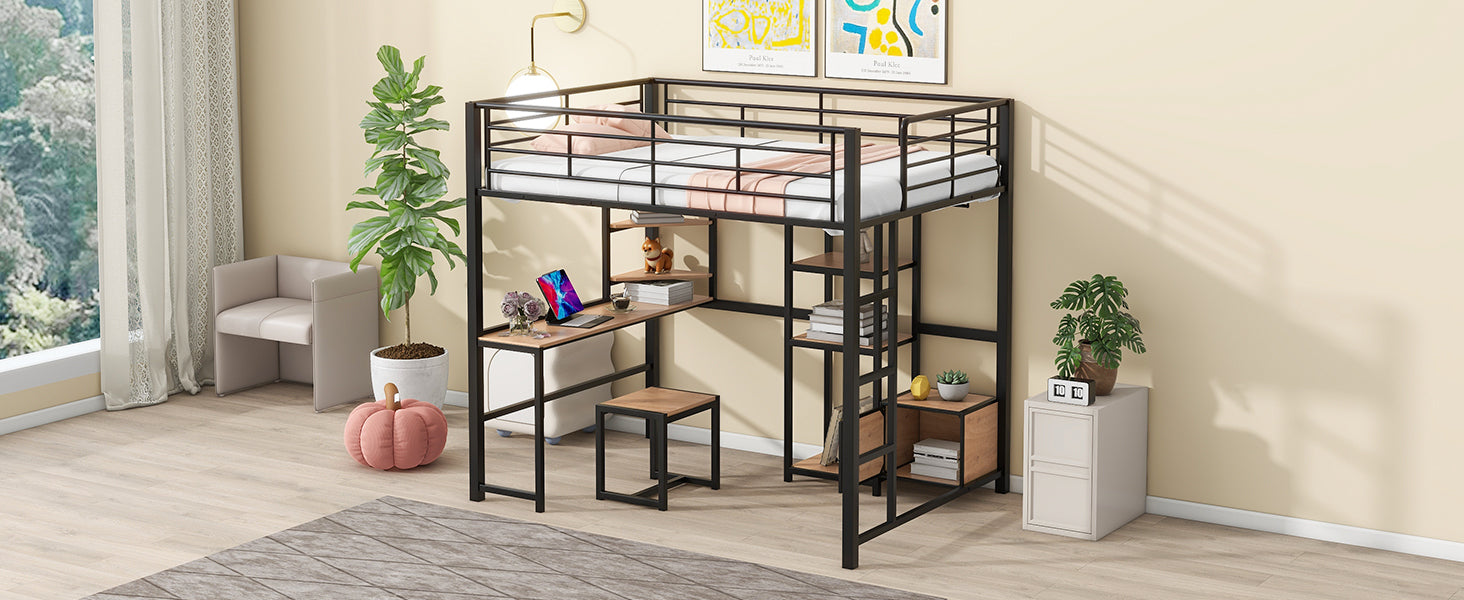 Full Size Loft Bed With Desk And Stool, Metal Loft Bed With Open Style Wardrobe, Shelves And Cabinet, Black Full Black Metal & Wood