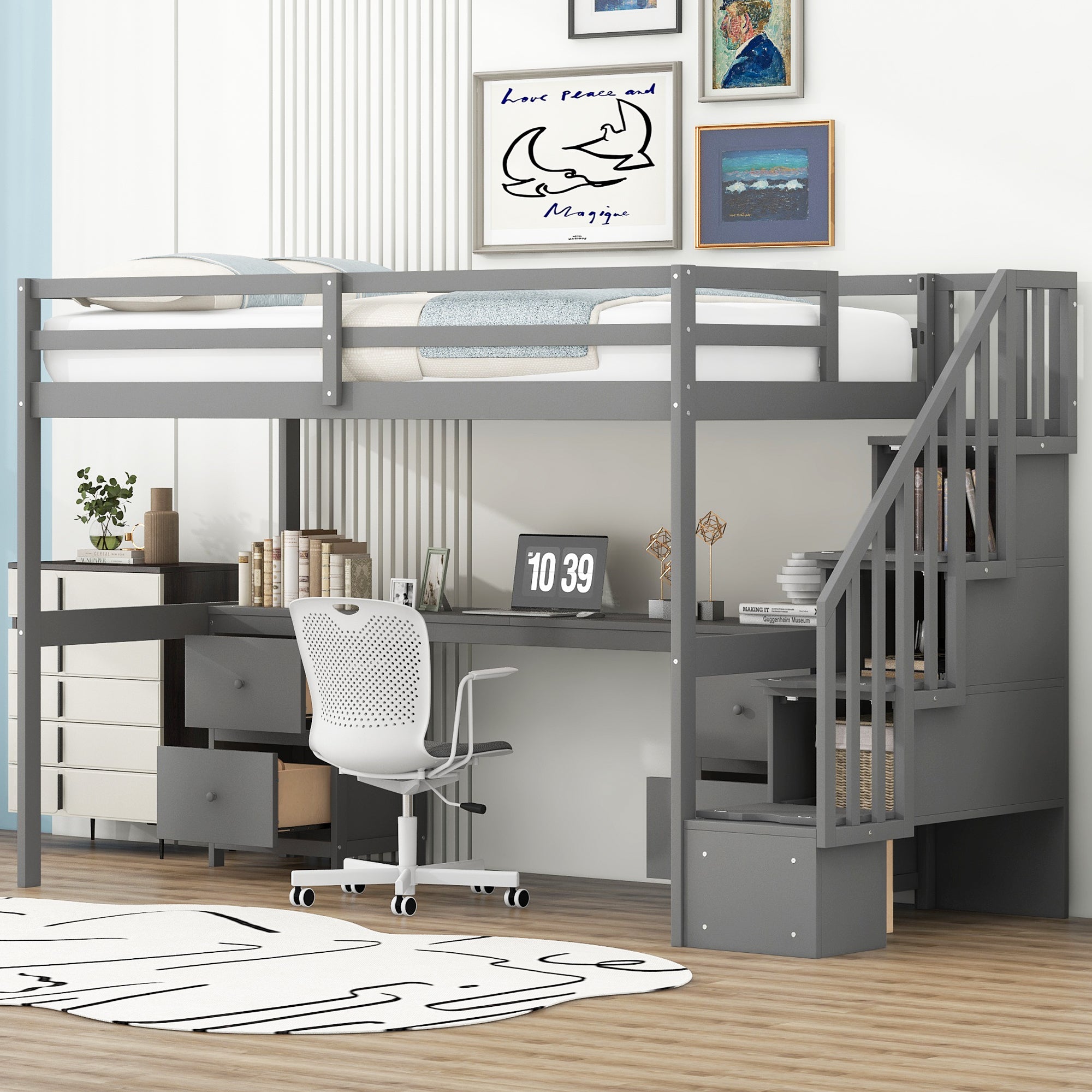 Twin Size Loft Bed Frame With Built In Desk And Double Storage Drawers,Gray Twin Gray Solid Wood Mdf