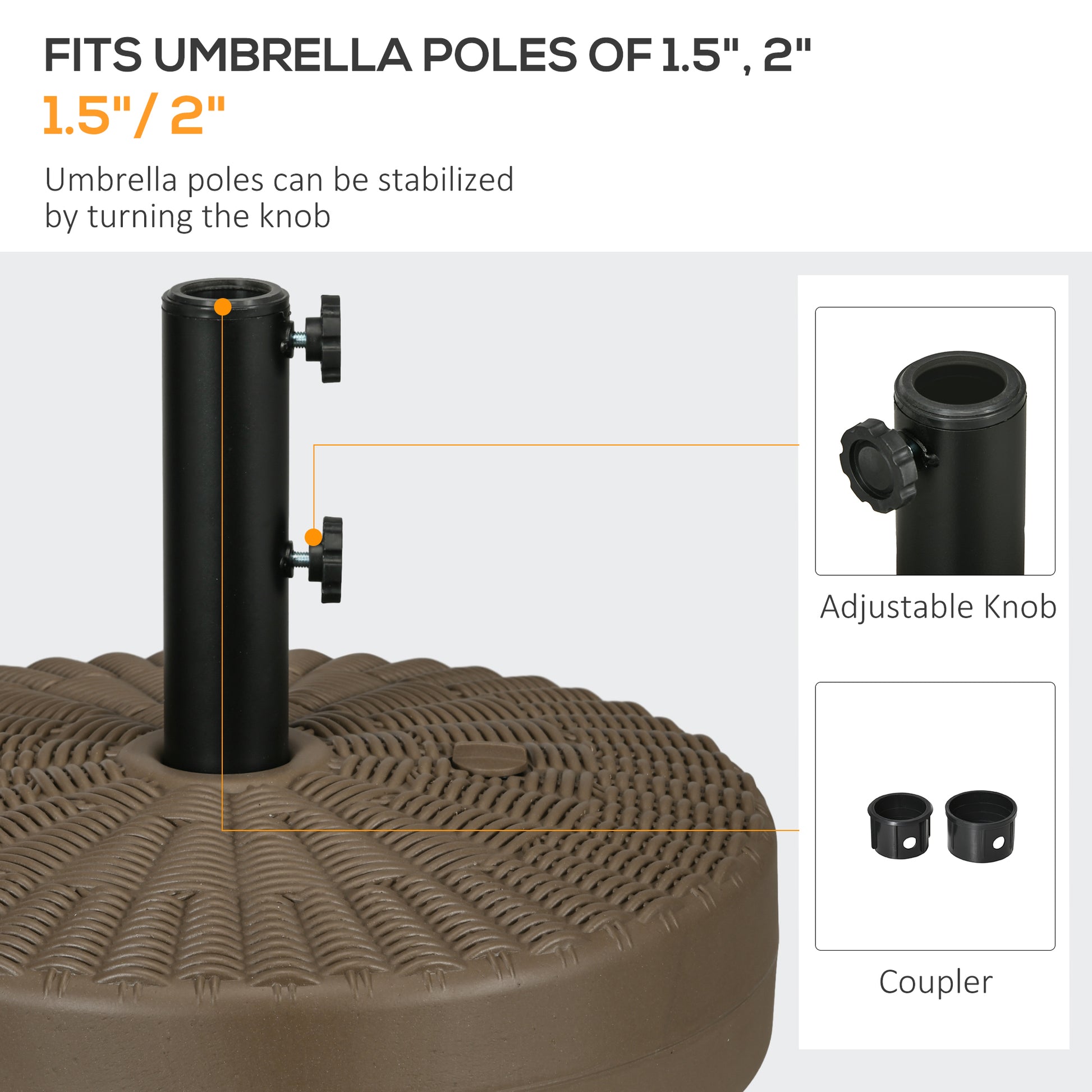 Outsunny 64 Lbs. Fillable Umbrella Base With Steel Umbrella Holder, Round Umbrella Stand For 1.5" Or 2" Umbrella Poles, Heavy Duty For Outdoor, Lawn, Deck, Poolside, Brown Brown Hdpe