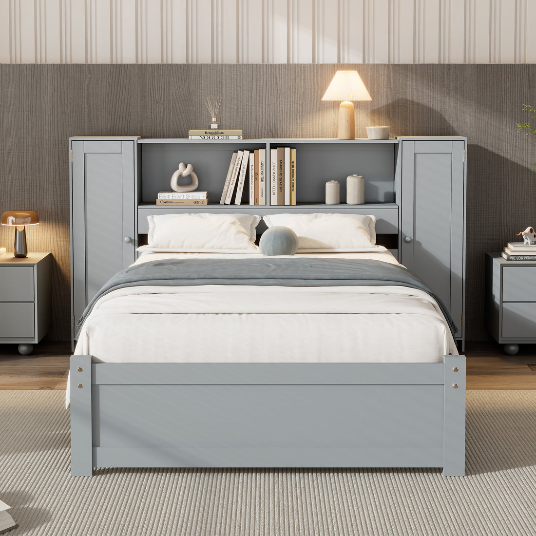 Twin Size Platform Bed With Storage Headboard And Lockers, Gray Twin Box Spring Not Required Gray Wood Bedroom Solid Wood Mdf