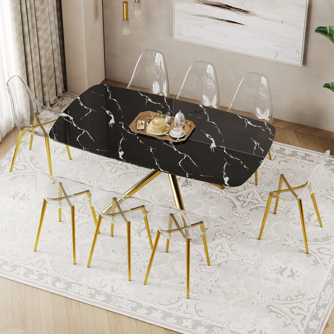 Table And Chair Set.Modern Luxurious Black Marble Patterned Tempered Glass Dining Table Set With Transparent Pp Chairs.8 Transparent High Quality Pp Dining Chairs With Golden Legs. Gold Black Seats