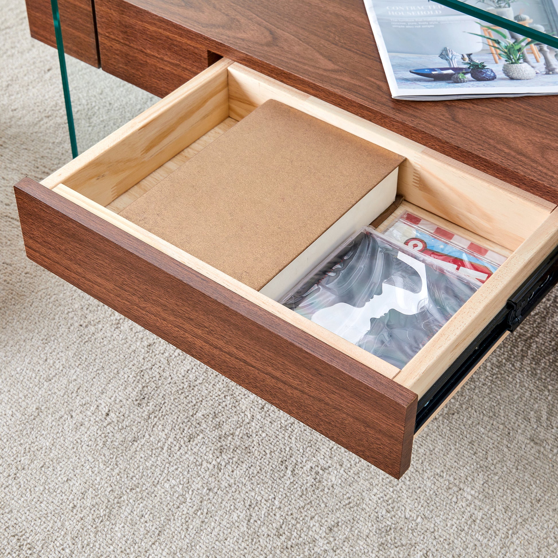 43.3 Inch Modern Two Tier Coffee Table Clear Tempered Glass And Dark Wood Grain, Multifunctional Storage Design.The Bottom Tier Includes A Drawer.Can Be Used As A Coffee Table,Side Table,Etc.