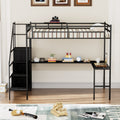 Full Size Metal Loft Bed With L Shaped Desk, Led Lights, Charging Cradle, Led Loft Bed Frame, Full Size Bed With One Cabinet Wardrobe And 2 Fabric Drawers, Safety Rails And Ladder, Black Black