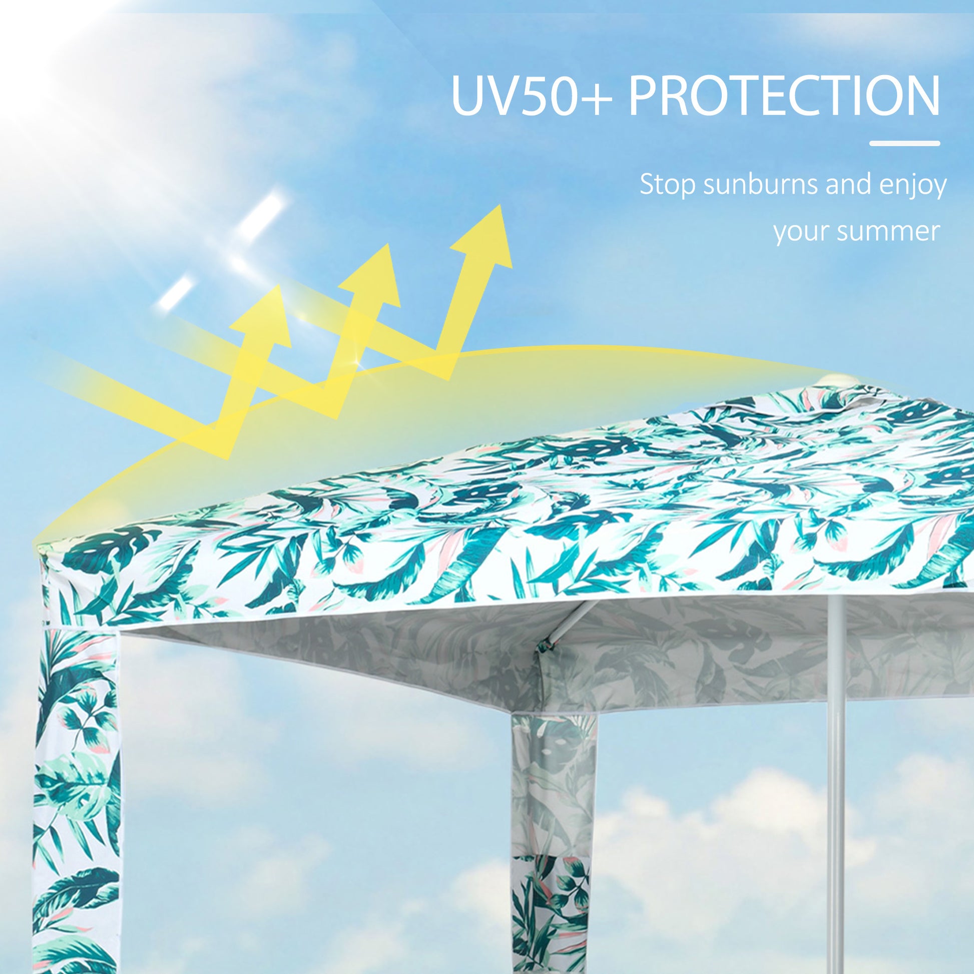 Outsunny Quick Beach Cabana Canopy Umbrella, 6.5' Easy Assembly Sun Shade Shelter With Sandbags And Carry Bag, Cool Uv50 Fits Kids & Family, Green Coconut Palm Colorful Polyester