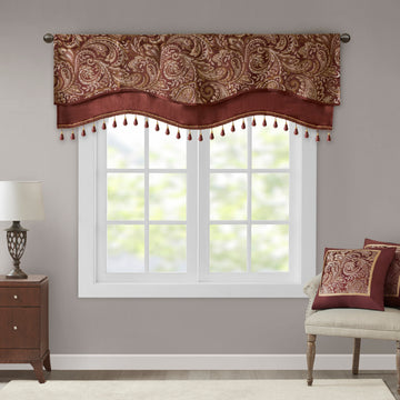Jacquard Window Rod Pocket Valance With Beads Burdy 50X18" Burgundy Polyester