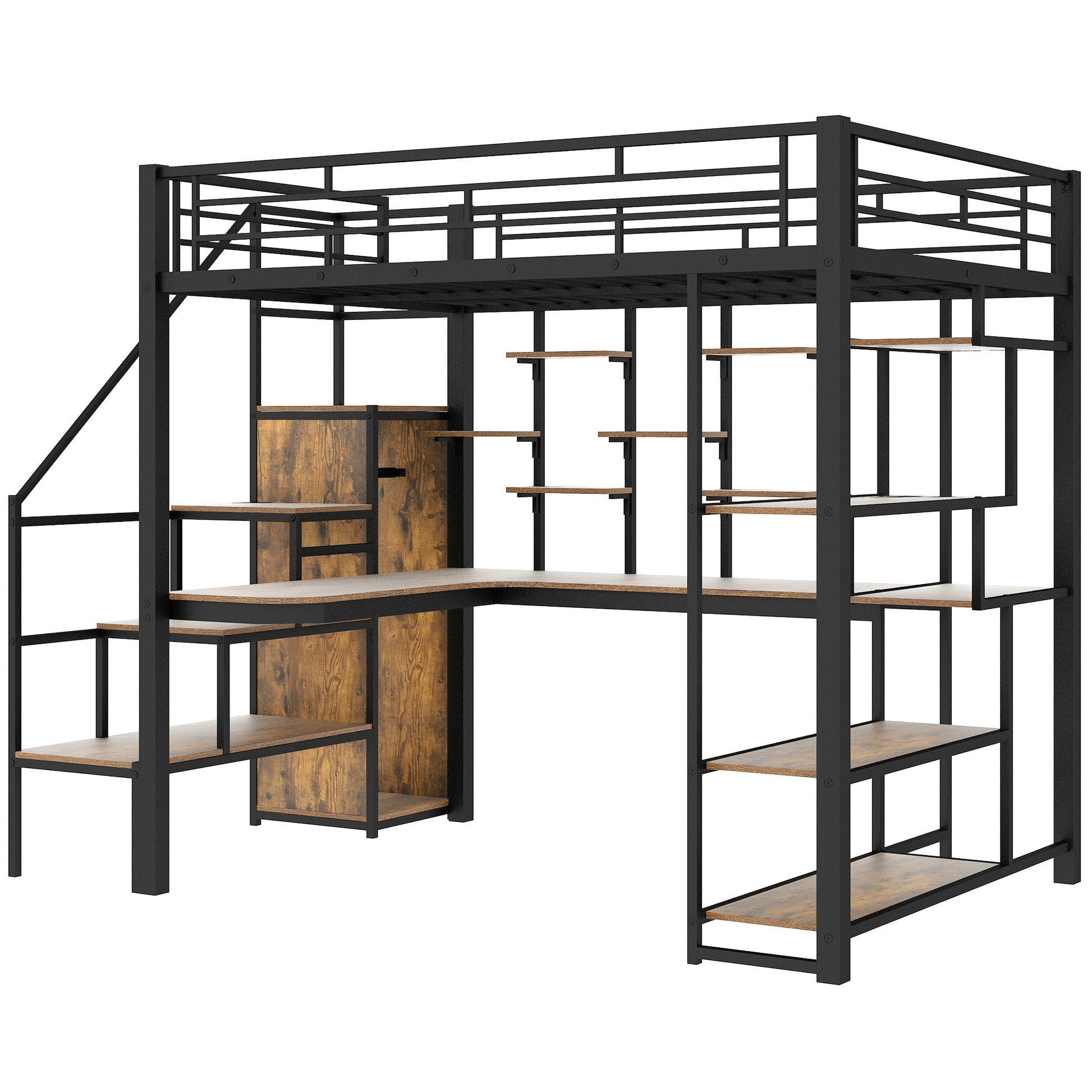 Full Size Metal Loft Bed With Storage Staircase And Small Wardrobe, Built In Desk And Storage Shelves, Black Full Black Metal