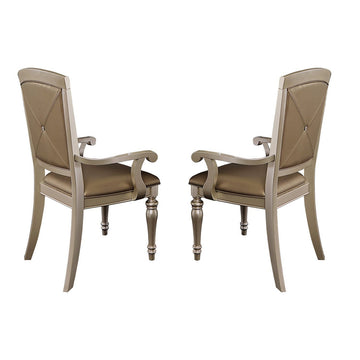 Wood & Leather Dining Side Arm Chair With Crystal Tufting, Silver, Set Of 2 Silver Leather