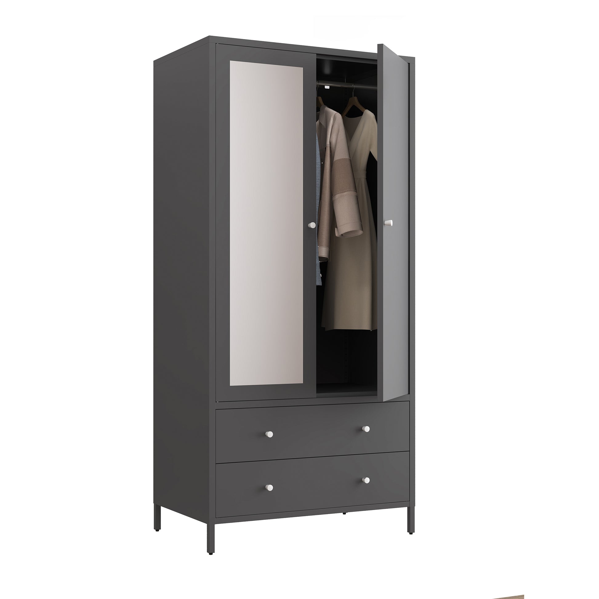 Metal Armoire Wardrobe Closet With 2 Drawers, Mirror Door And Hanging Rod, Metal Clothing Storage Cabinet, Garment Organizer With Magnetic Door Dark Grey Gray Bedroom Retro Steel