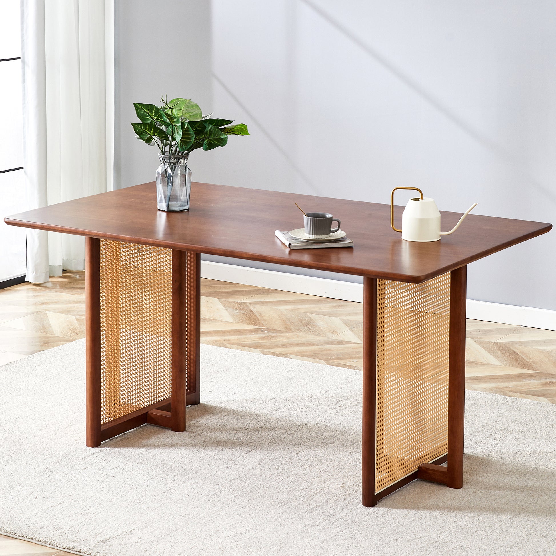 Chinese Country Retro Solid Wood Dining Table, Simple Modern Imitation Rattan Dining Table, Wooden Dining Table, Desk. Suitable For Dining Room, Living Room, Office Walnut Rubber Wood