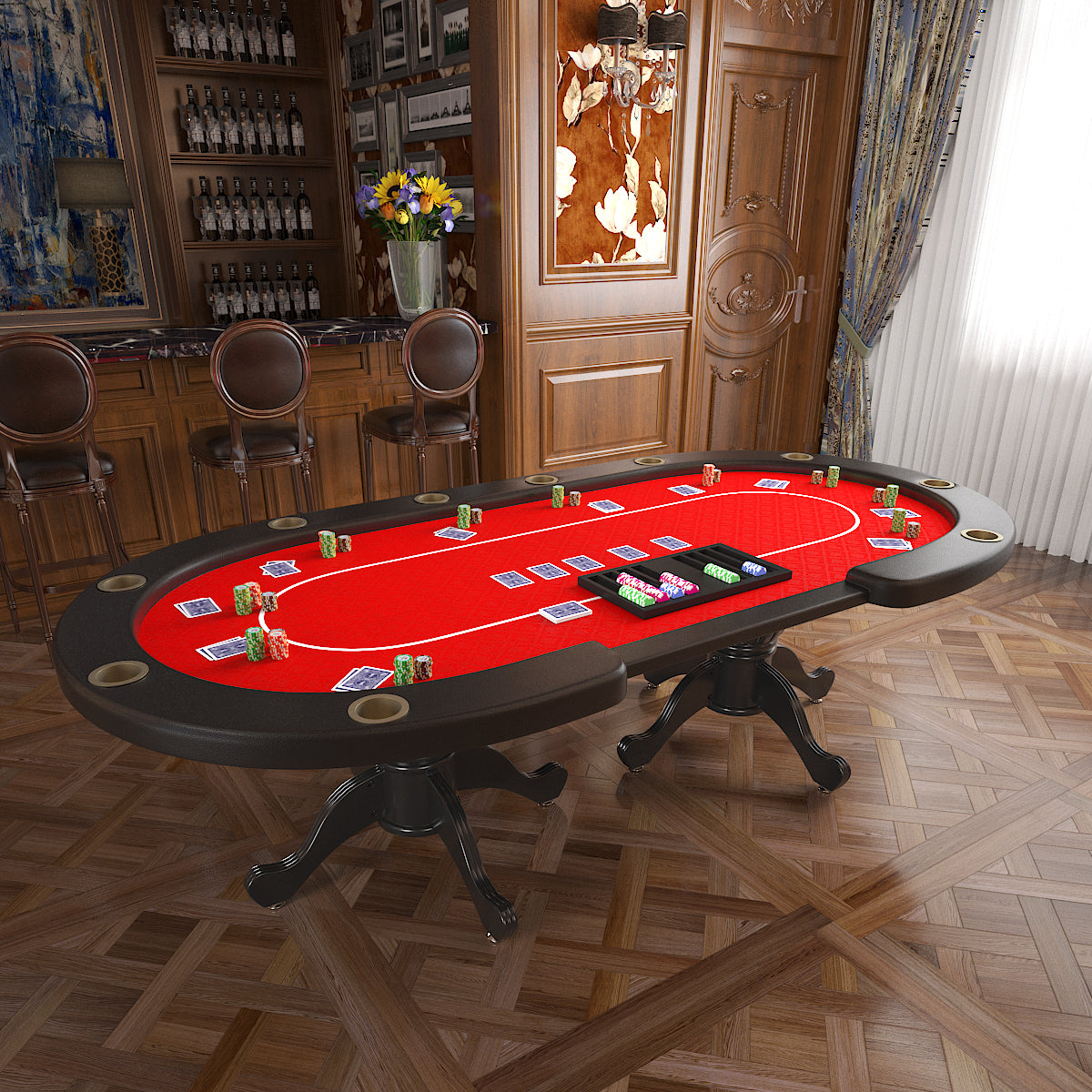 96" Oval Aura Poker Table For 10 Players Texas Holdem Poker Card With Bet Line Felt Surface Jumbo Cup Holders Red Red Primary Living Space Modern Wood