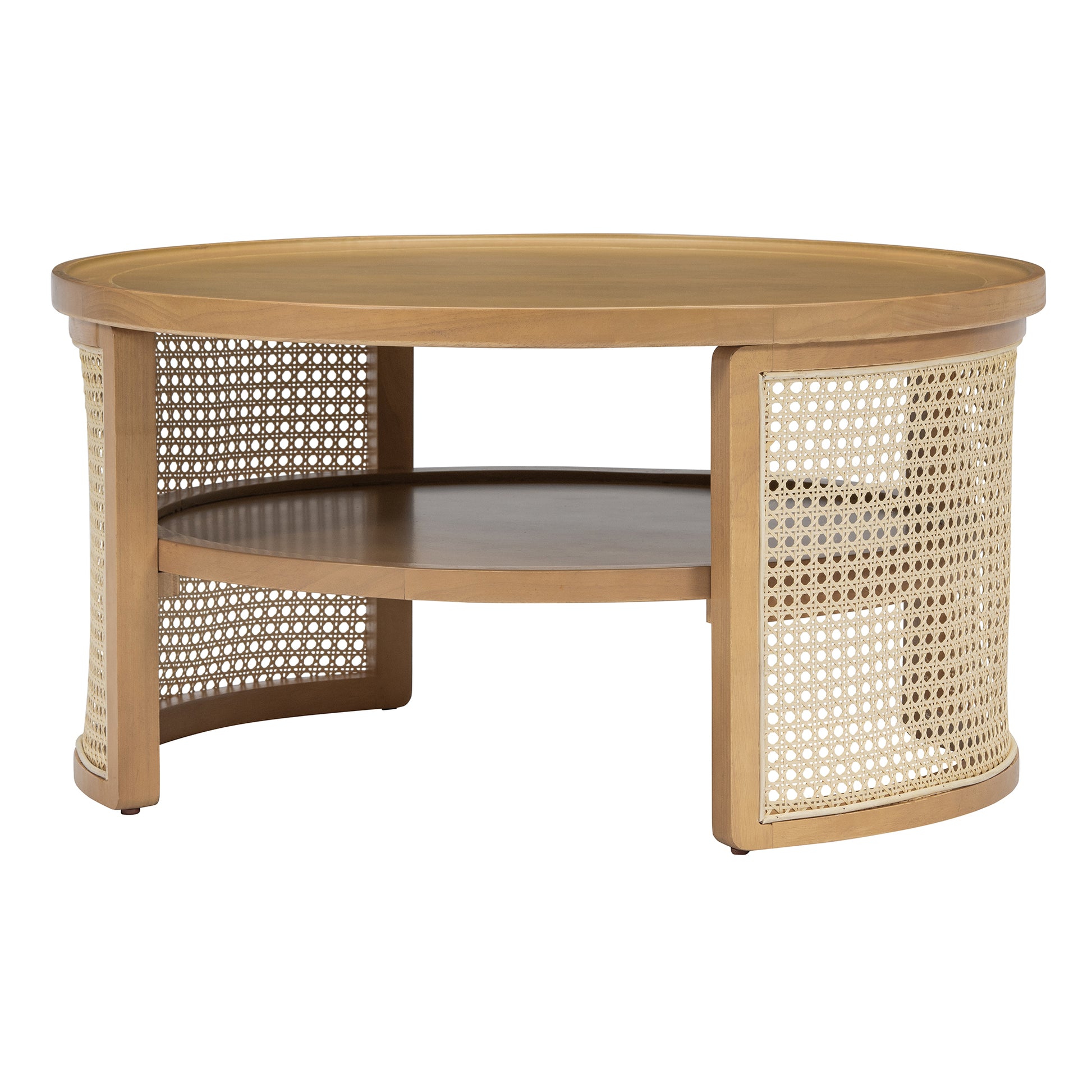 2 Tiered Round Natural Wood Coffee Table With Storage Rattan Base In 31.3'' Natural Rubber Wood