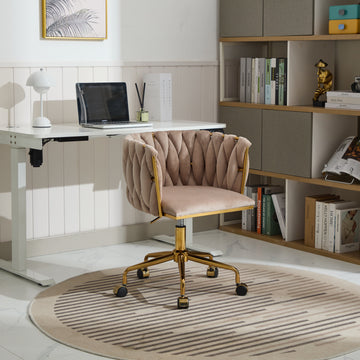 Velvet Vanity Chair With Wheels, Accent Chair Makeup Vanity Chair With Hand Woven Backrest, Modern 360 Swivel Home Office Desk Chair For Study, Bedroom, Living Room Gray Iron Gray Primary Living Space Foam Modern Lounge Chair Cross Back 1 Velvet