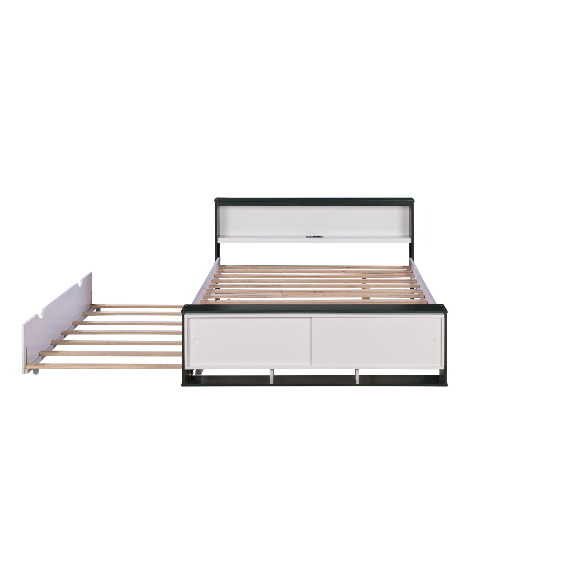 Full Size Platform Bed With Trundle,Storage Headboard And Footboard, Usb Charging Design,White Green Full White Green Solid Wood Mdf