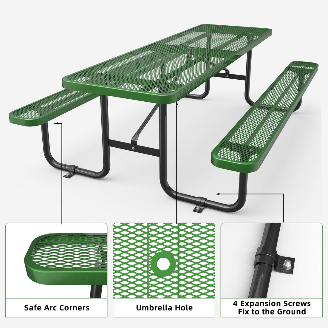 96" Expanded Metal Rectangular Picnic Table Set, Green No Complete Patio Set Green Seats 6 Rust Resistant Frame Garden & Outdoor Complete Patio Sets Steel Steel