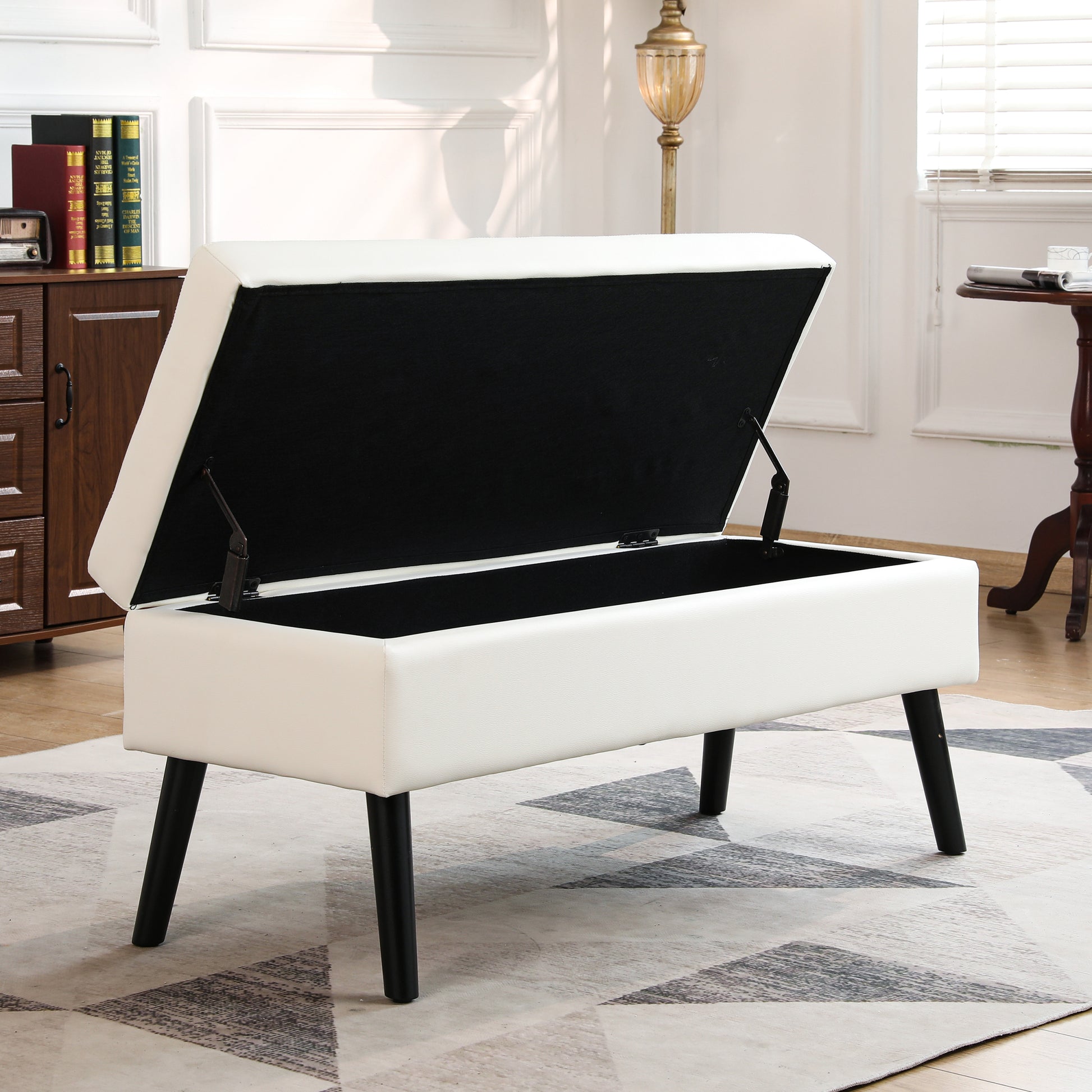 Storage Bench With Storage Bench For Bedroom End Of Bed Bench Foot Of Bed Bench Entryway Bench Storage Ottoman Bench 43.3" W X 17.7" White Pu Leather Bench White Pu Flip Top Pu Leather