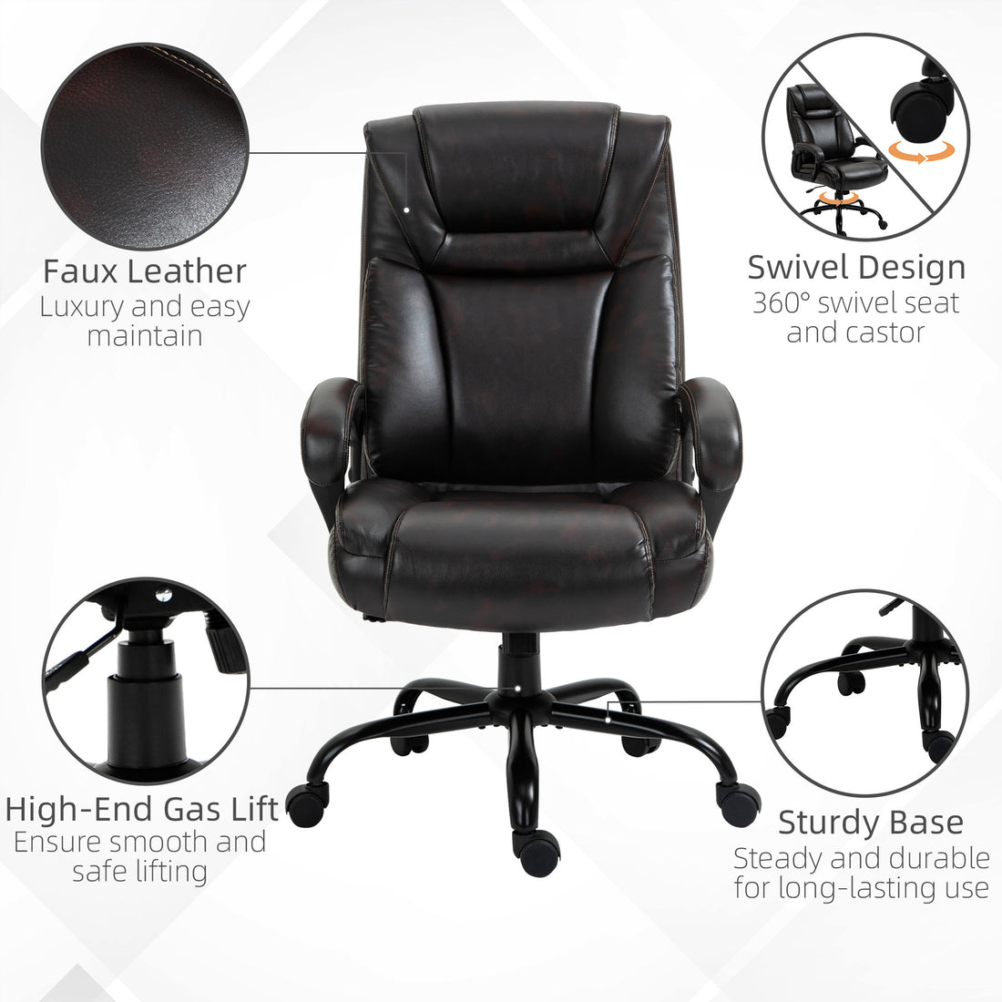 Vinsetto Big And Tall 400Lbs Executive Office Chair With Wide Seat, Computer Desk Chair With High Back Pu Leather Ergonomic Upholstery, Adjustable Height And Swivel Wheels, Brown Brown Faux Leather