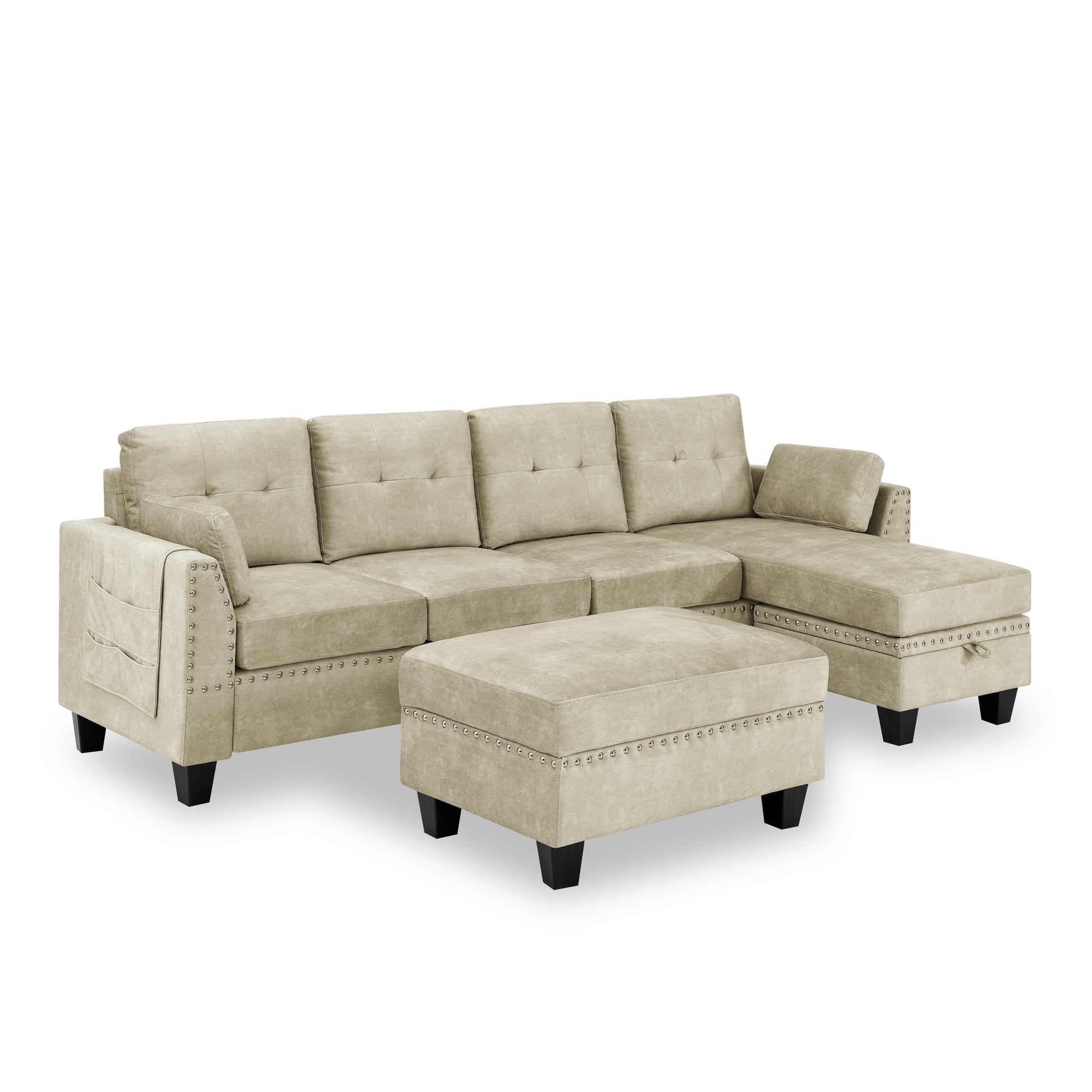 Sectional 3 Seaters Sofa ,Double Sided Multi Functional Footstool, Storage Matnon Slip Leg, Two Pillows, Velvet,Beige Beige Velvet 3 Seat