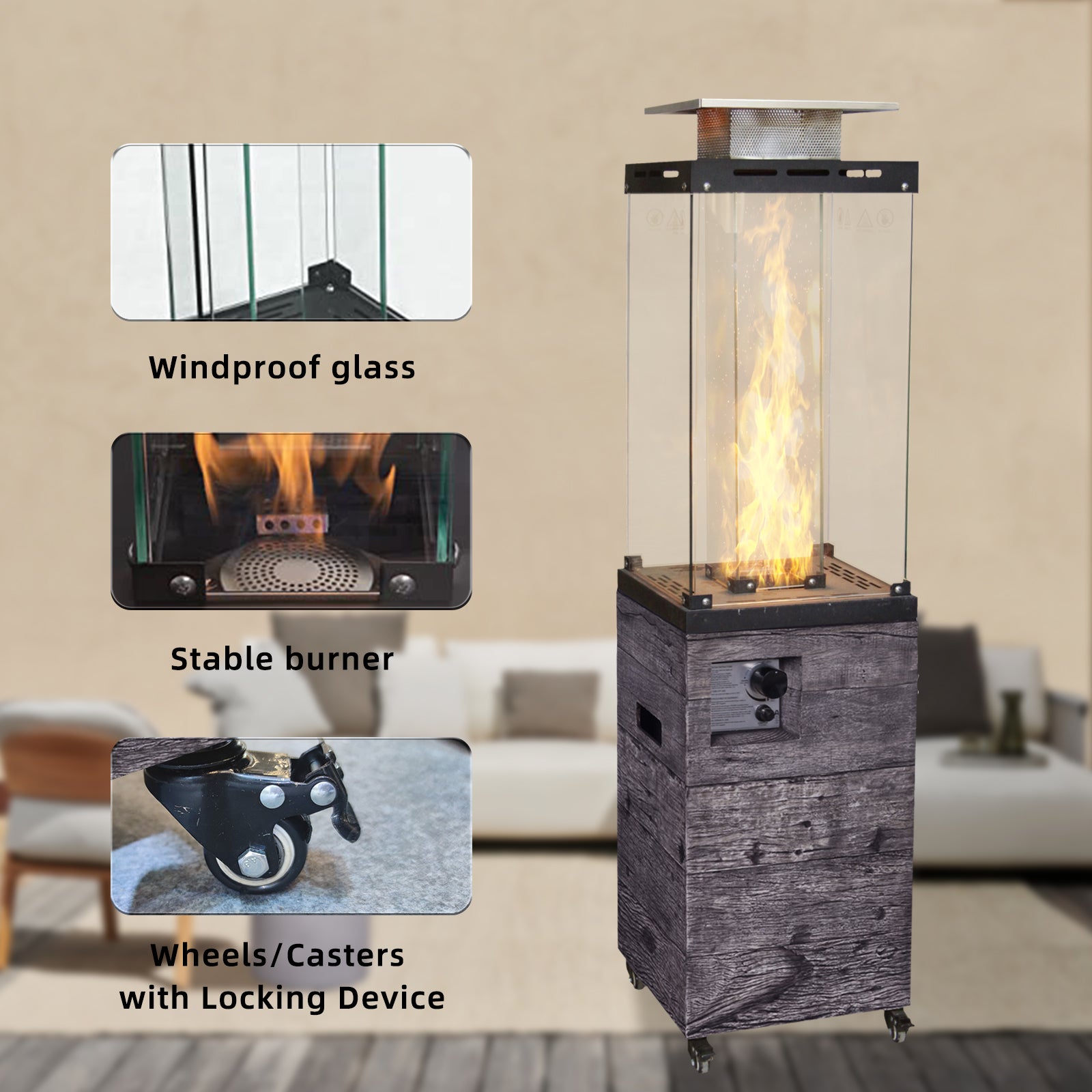 Good Product Faux Woodgrain Fire Heater With Tempered Glass Black Garden & Outdoor American Design Magnesium Oxide