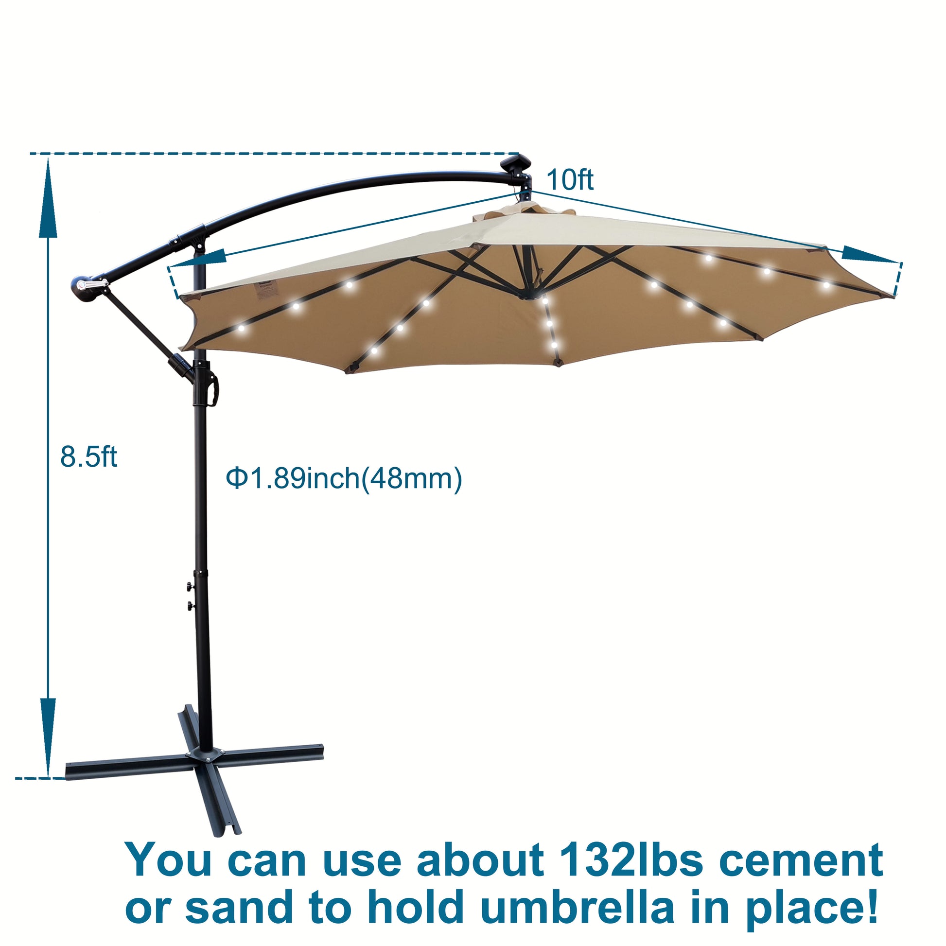 Tan 10 Ft Outdoor Patio Umbrella Solar Powered Led Lighted Sun Shade Market Waterproof 8 Ribs Umbrella With Crank And Cross Base For Garden Deck Backyard Pool Shade Outside Deck Swimming Pool Tan