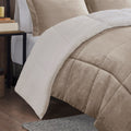 Plush To Sherpa Down Alternative Comforter Set Queen Taupe Ivory Polyester