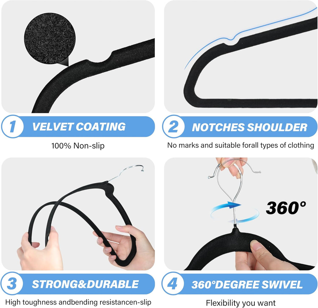 Velvet Hangers 50 Pack, Non Slip Clothes Hangers With Shoulder Notches, 360 Swivel Hooks, Heavy Duty Standard Hangers For Closet Space Saving, Black Black Velvet