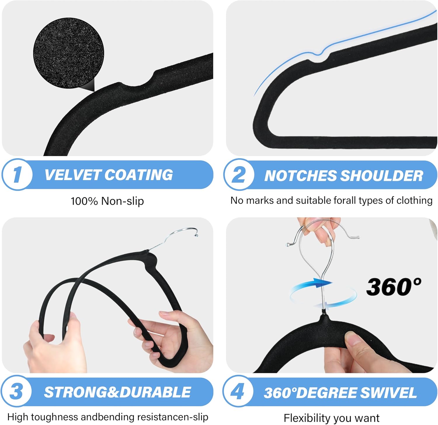 Velvet Hangers 50 Pack, Non Slip Clothes Hangers With Shoulder Notches, 360 Swivel Hooks, Heavy Duty Standard Hangers For Closet Space Saving, Black Black Velvet