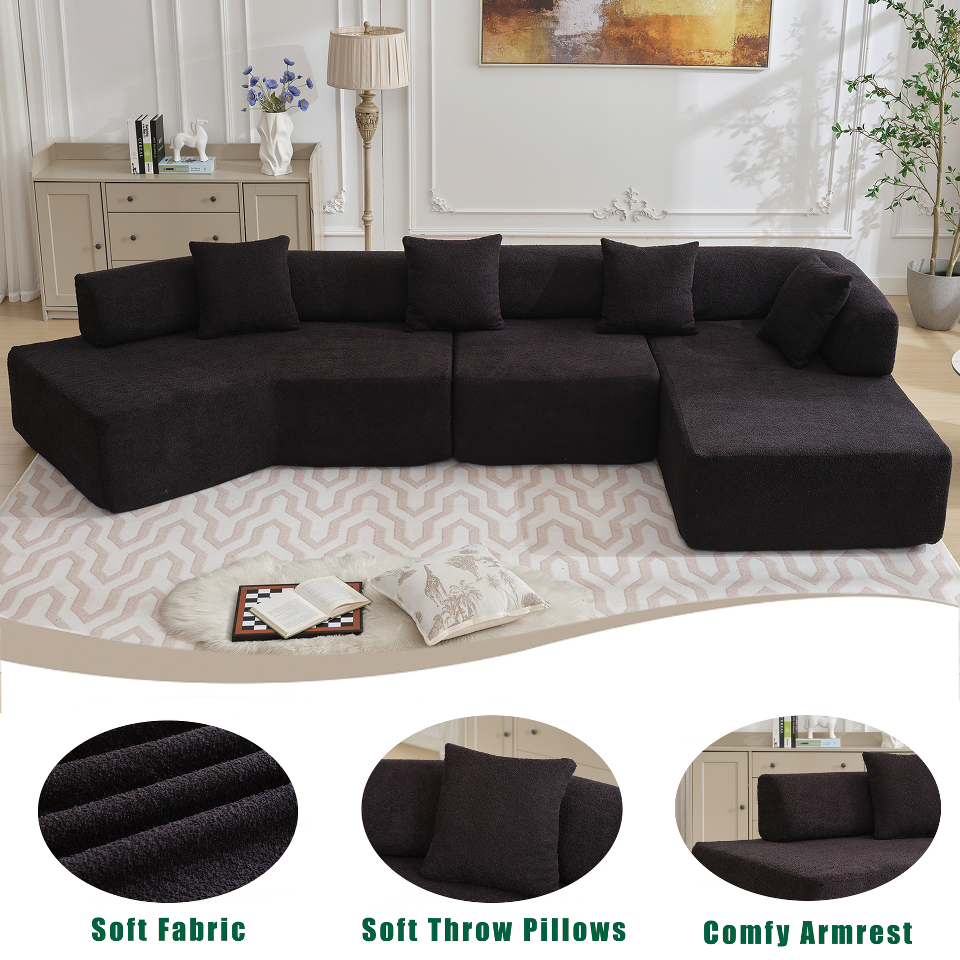 Arrived Modern Minimalist 140" L Shape Couch ,No Assembly Required,Boucle,Modular Sofa ,Couch With Chaise,Free Combination Foam Filled Sofa, 4 Seats,Black Black Polyester Primary Living Space Soft Modern Foam Polyester 4 Seat