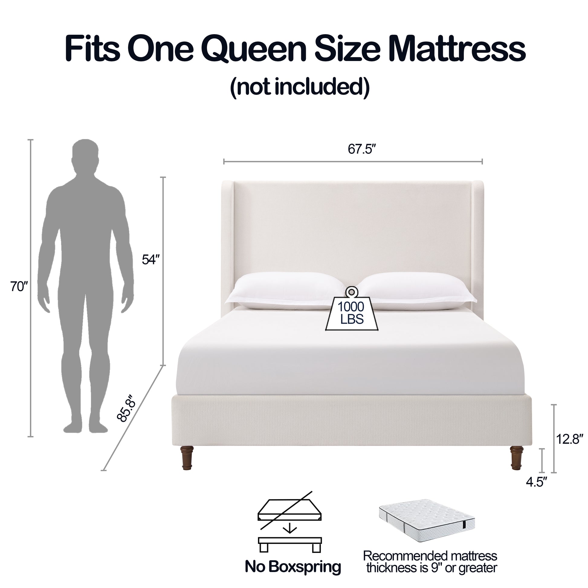 Harper Tall Headboard Upholstered Bed 54" High Headboard Elegant Simplicity No Box Spring Needed Easy Assembly Queen Cream White Chenille Box Spring Not Required Queen Cream White Metal Brown