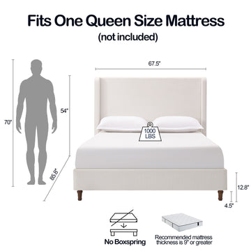 Harper Tall Headboard Upholstered Bed 54" High Headboard Elegant Simplicity No Box Spring Needed Easy Assembly Queen Cream White Chenille Box Spring Not Required Queen Cream White Metal Brown