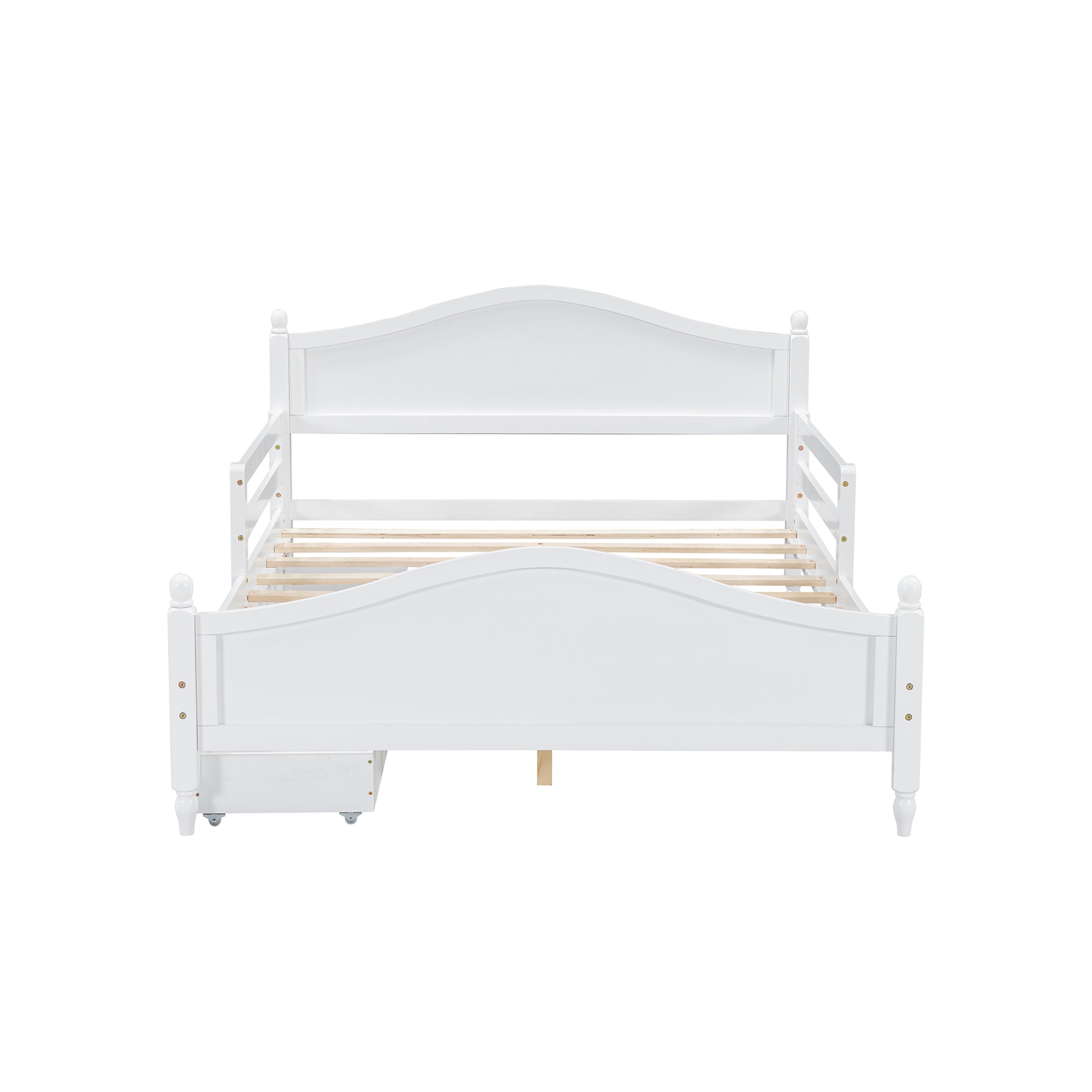 Full Size Wood Platform Bed With Guardrails On Both Sides And Two Storage Drawers ,White Full White Wood