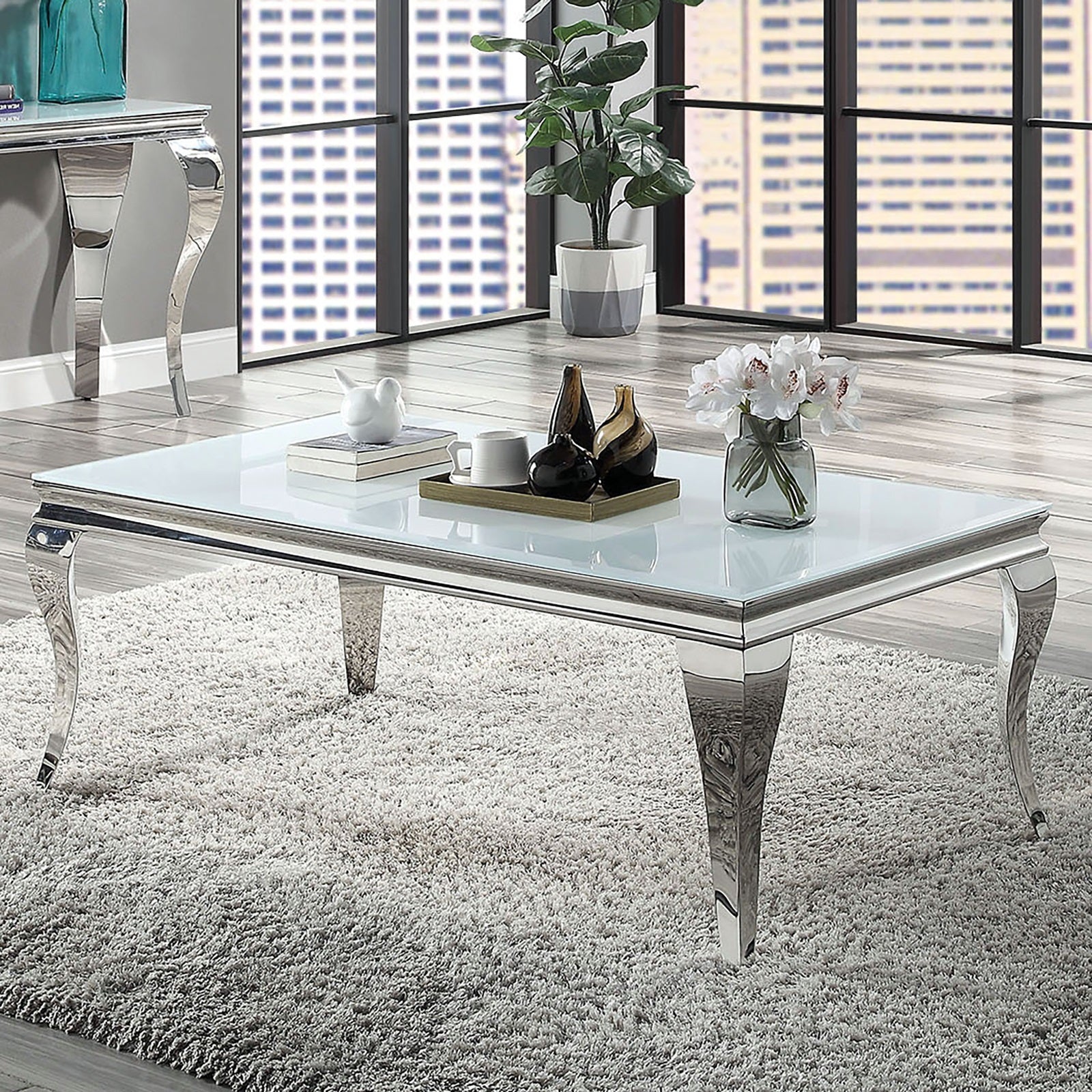 Glam Contemporary 1Pc Coffee Table White Glass Top Silver Color Table Living Room Stainless Steel Cabriole Style Legs Silver,White Primary Living Space Classic,Modern,Transitional Coffee & End Tables Rectangular Glass,Stainless Steel