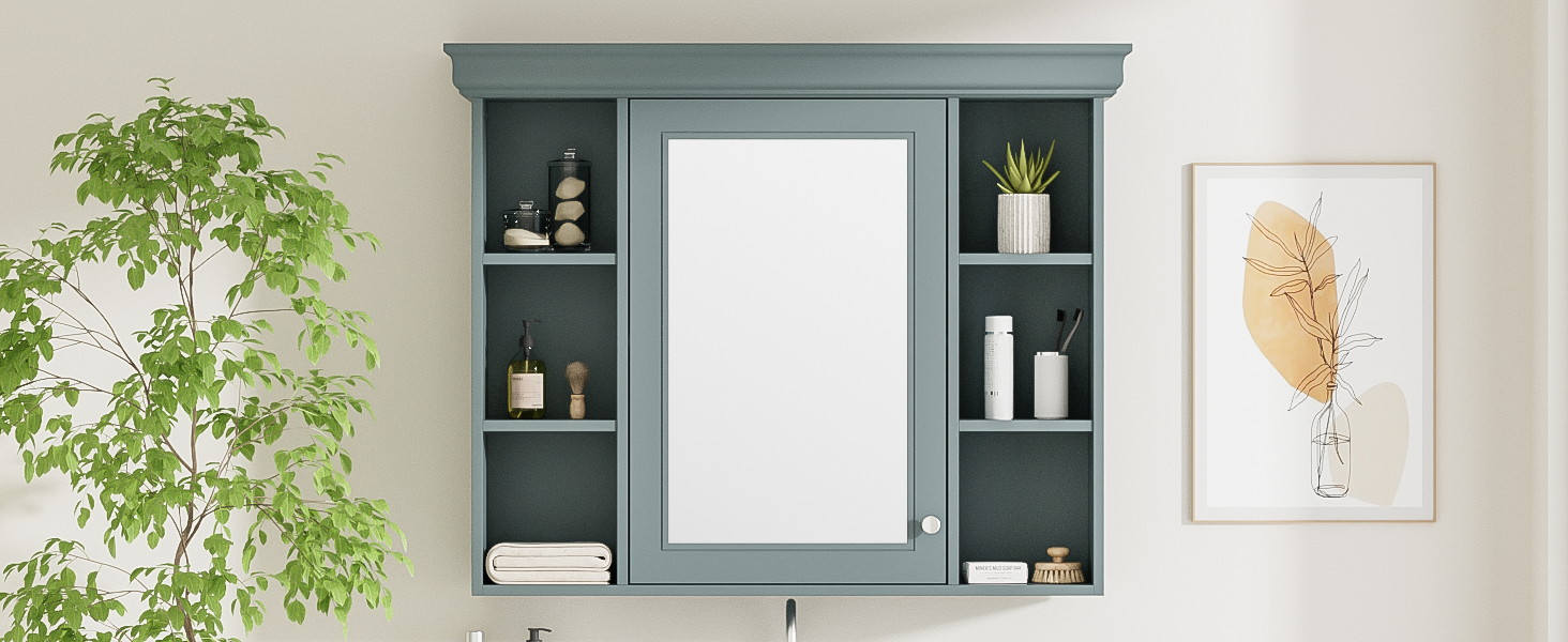 35'' X 28'' Blue Wall Mounted Bathroom Storage Cabinet With Mirror Door, Modern Bathroom Wall Cabinet With Mirror, Medicine Cabinet With 6 Open Shelves Blue 5 Adjustable Shelves Bathroom Wall Mounted Mdf Painted