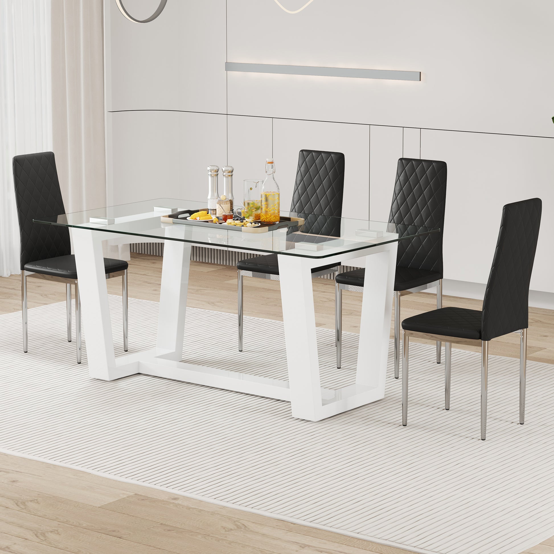 Table And Chair Set.A Rectangular Dining Table Features With Tempered Glass Top And Sleek White Mdf Stand.Paried With 4 Pu Chairs With Checkered Armless High Back And Electroplated Metal Legs. Black,White Seats 4 Mdf Glass