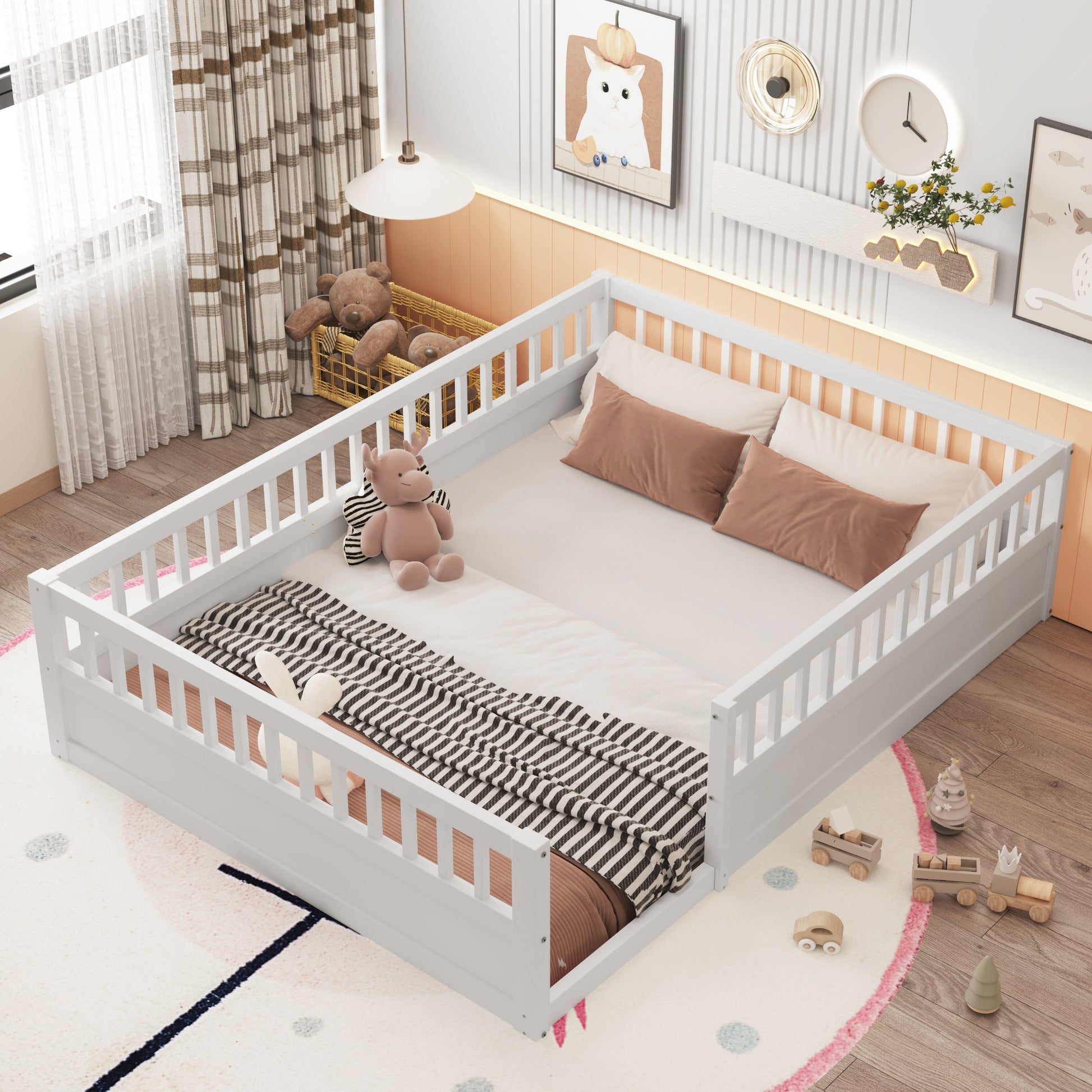 Full Floor Bed Frame With Fence, Wood Kids Floor Beds Frame For Bedroom Playroom,White Expect Arrive Date Jul. 10Th Full White Pine