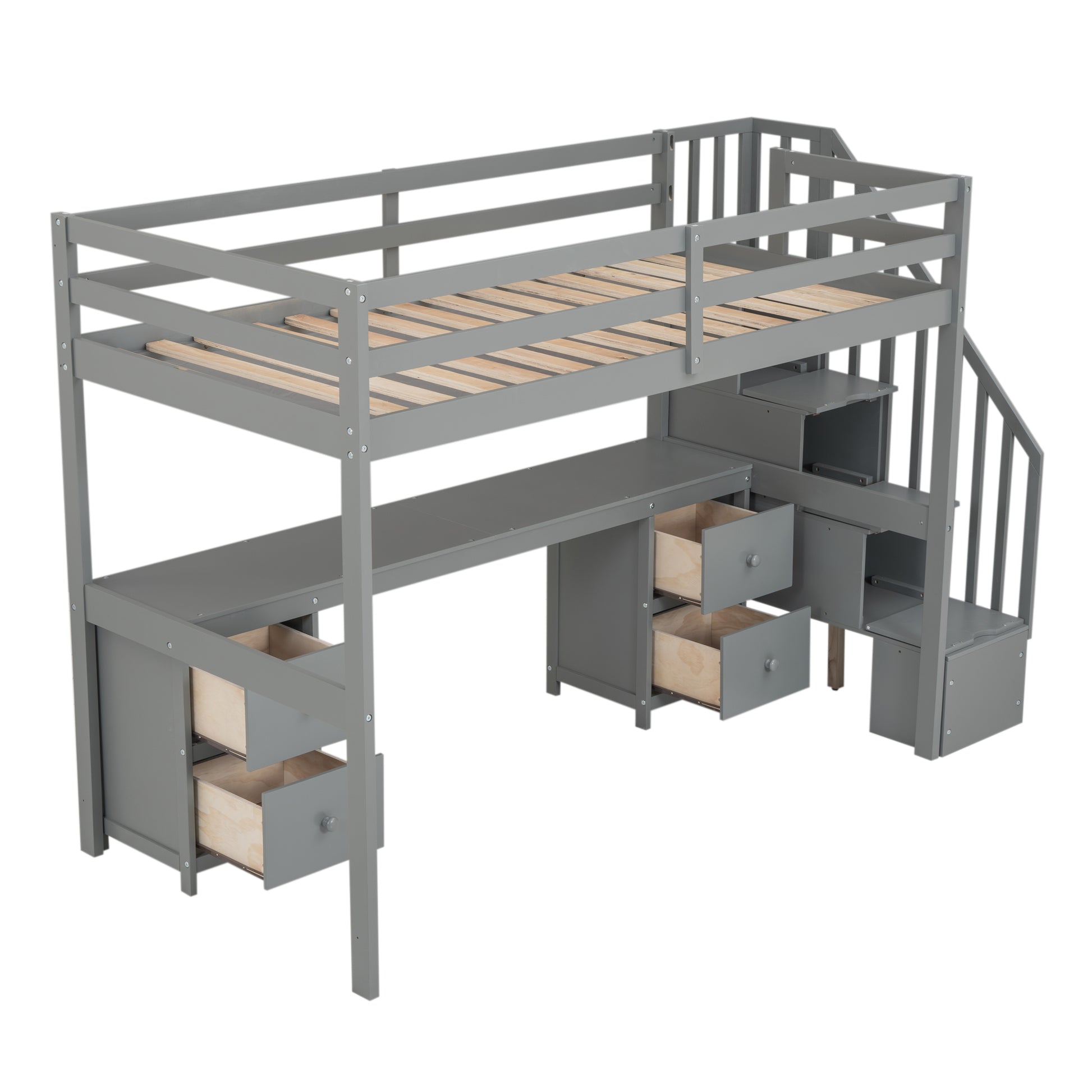 Twin Size Loft Bed Frame With Built In Desk And Double Storage Drawers,Gray Twin Gray Solid Wood Mdf