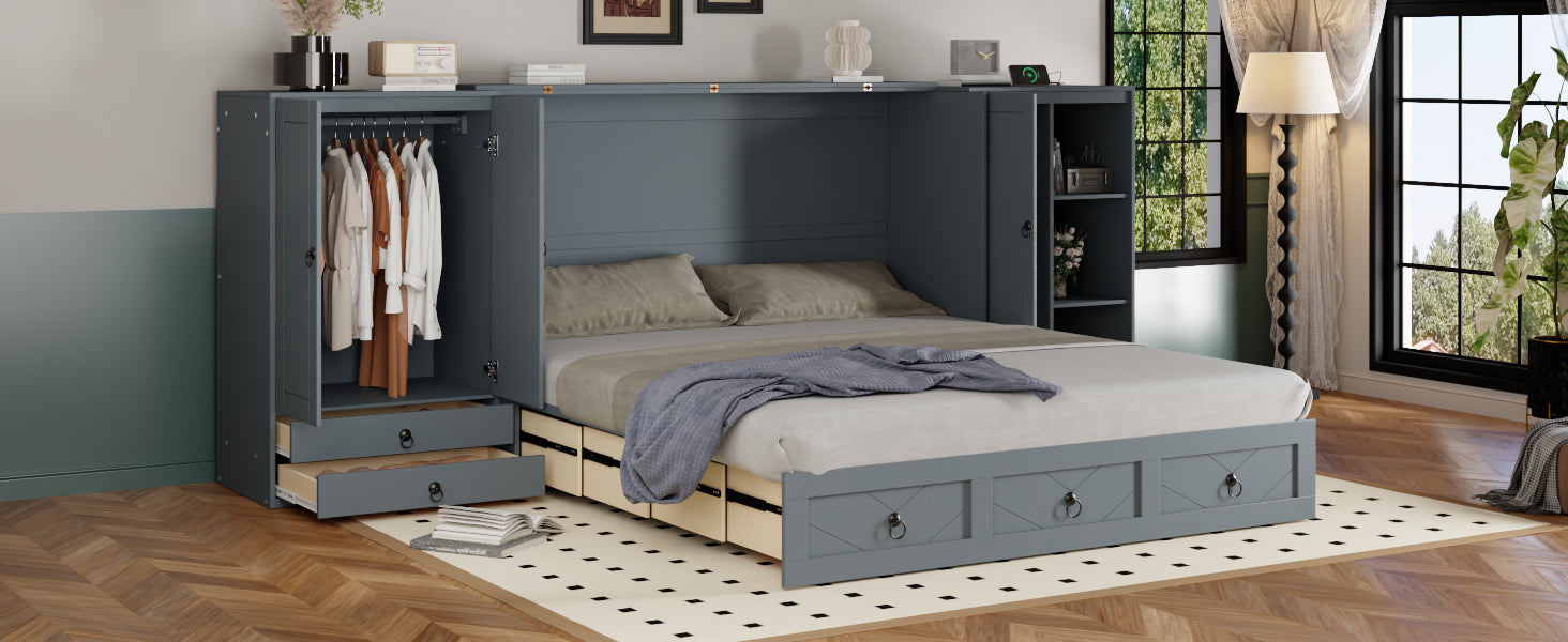 Queen Size Murphy Bed With Usb Port, Little Wardrobes And Drawers, Gray Queen Gray Particle Board Mdf