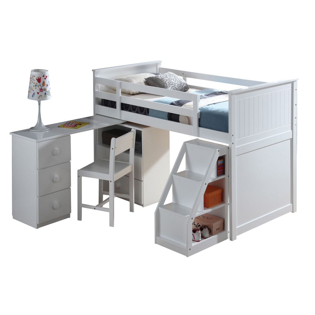 White Twin Loft Bed With Built In Desk And Chest White White Wood