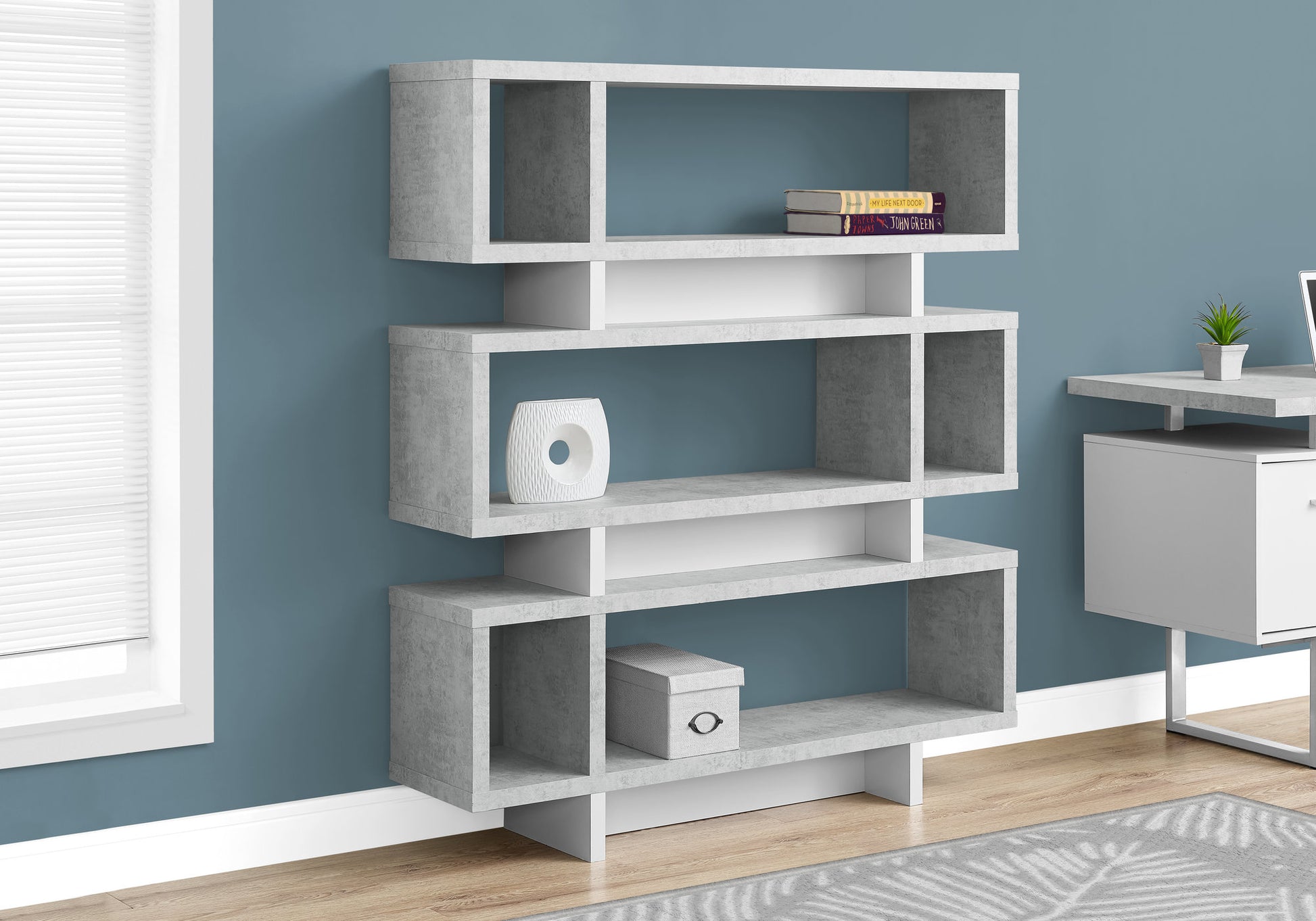 Bookshelf, Bookcase, Etagere, 4 Tier, 55"H, Office, Bedroom, Grey And White Laminate, Contemporary, Modern Grey Particle Board