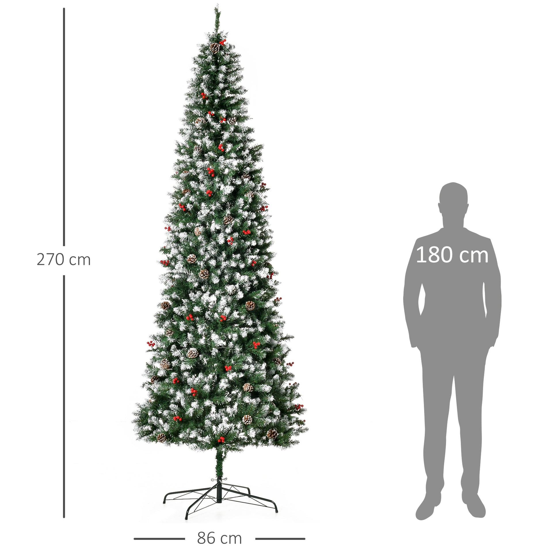 Homcom 9Ft Pre Lit Snow Dipped Artificial Christmas Tree With Realistic Branches, 460 Led Lights, Pine Cones, Red Berries And 1298 Tips Green Pvc