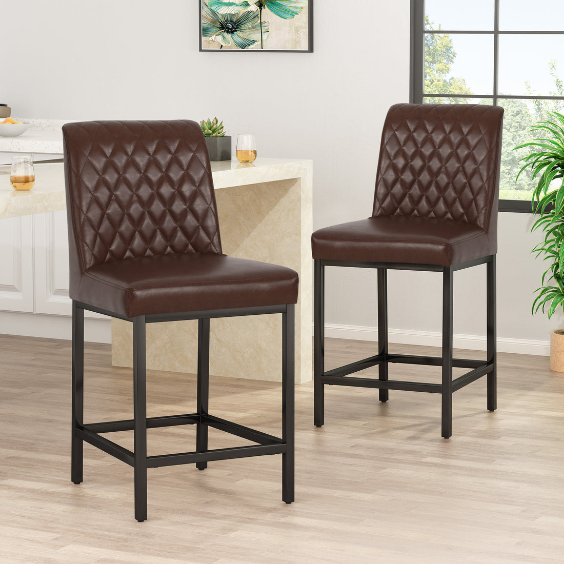 Counter Stool Set Of 2 Dark Brown Leather