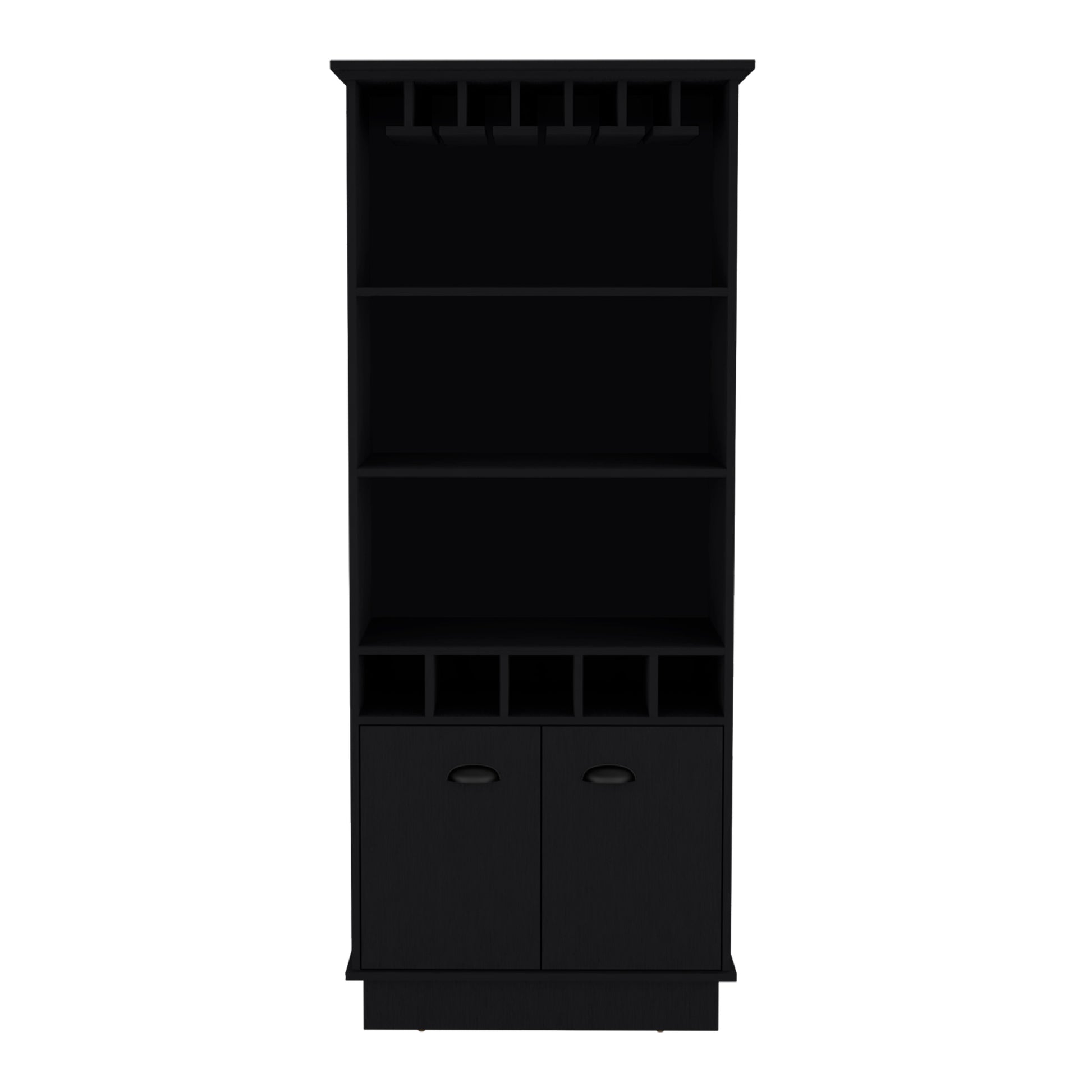 Dundee 70 Inch High 10 Glass Bar Cabinet With 5 Cubbies And 3 Open Shelves And Cabinet Black Primary Living Space Modern Shelves Included Particle Board