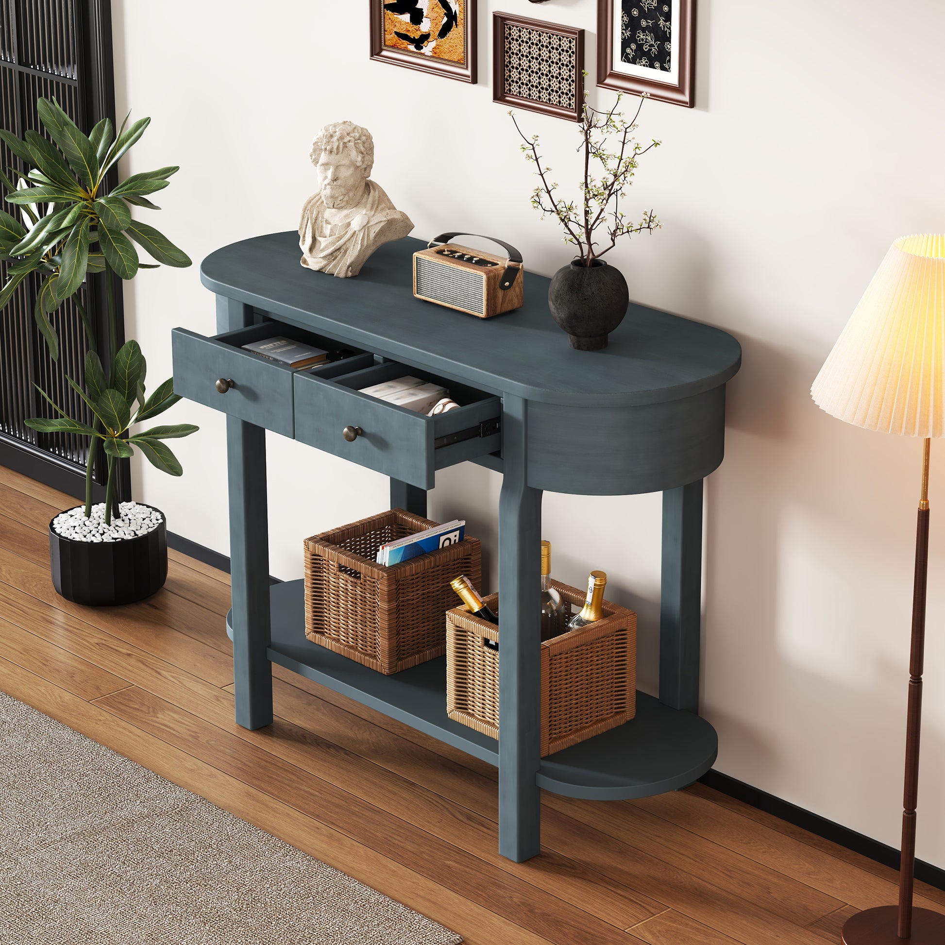 Elegant Retro Console Table With Curved Design And Smooth Glaze For Entryways, Living Rooms And Hallways Navy Navy Solid Wood Mdf
